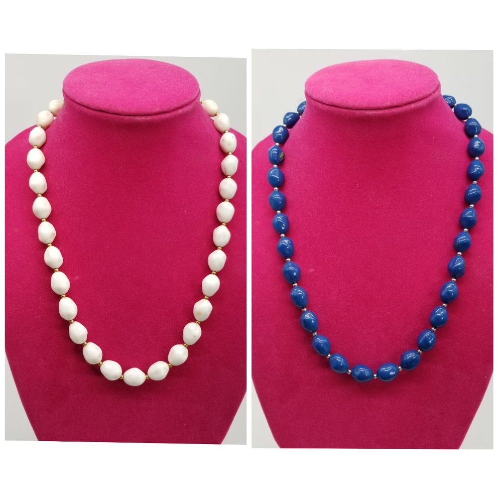 Vintage Trifari Chunky Bead Necklace Set of 2 Blue White Plastic Gold Plate 24"